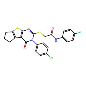 2-{[3-(4-chlorophenyl)-4-oxo-3,5,6,7-tetrahydro-4H-cyclopenta[4,5]thieno[2,3-d]pyrimidin-2-yl]sulfanyl}-N-(4-fluorophenyl)acetamide structure