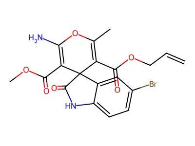 3-O'-methyl 5-O'-prop-2-enyl 2'-amino-5-bromo-6'-methyl-2-oxospiro[1H-indole-3,4'-pyran]-3',5'-dicarboxylate structure