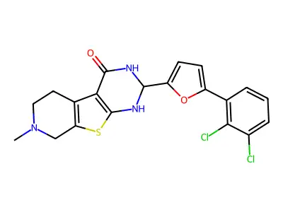 2-[5-(2,3-dichlorophenyl)-2-furyl]-7-methyl-2,3,5,6,7,8-hexahydropyrido[4',3':4,5]thieno[2,3-d]pyrimidin-4(1H)-one structure