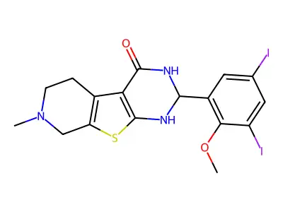 2-(3,5-diiodo-2-methoxyphenyl)-7-methyl-2,3,5,6,7,8-hexahydropyrido[4',3':4,5]thieno[2,3-d]pyrimidin-4(1H)-one structure