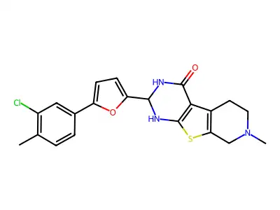 2-[5-(3-chloro-4-methylphenyl)-2-furyl]-7-methyl-2,3,5,6,7,8-hexahydropyrido[4',3':4,5]thieno[2,3-d]pyrimidin-4(1H)-one structure