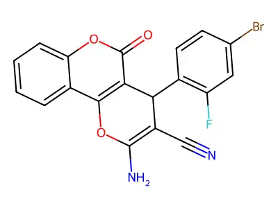 2-amino-4-(4-bromo-2-fluorophenyl)-5-oxo-4H-pyrano[3,2-c]chromene-3-carbonitrile structure