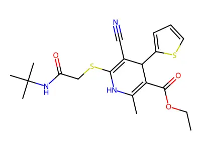 ethyl 6-((2-(tert-butylamino)-2-oxoethyl)thio)-5-cyano-2-methyl-4-(thiophen-2-yl)-1,4-dihydropyridine-3-carboxylate structure