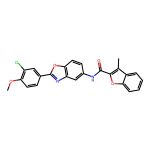 N-[2-(3-chloro-4-methoxyphenyl)-1,3-benzoxazol-5-yl]-3-methyl-1-benzofuran-2-carboxamide structure
