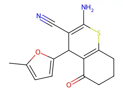 2-amino-4-(5-methylfuran-2-yl)-5-oxo-4,6,7,8-tetrahydrothiochromene-3-carbonitrile structure