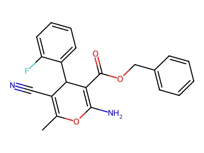 benzyl 2-amino-5-cyano-4-(2-fluorophenyl)-6-methyl-4H-pyran-3-carboxylate structure