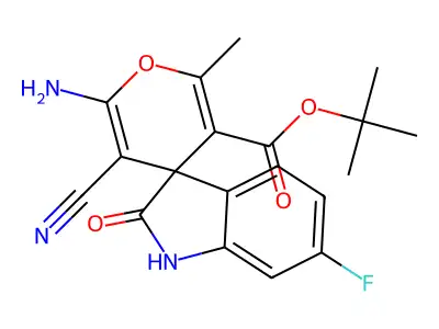 tert-butyl 6'-amino-5'-cyano-6-fluoro-2'-methyl-2-oxo-1,2-dihydrospiro[indole-3,4'-pyran]-3'-carboxylate structure