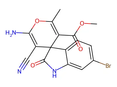 methyl 6'-amino-6-bromo-5'-cyano-2'-methyl-2-oxo-1,2-dihydrospiro[indole-3,4'-pyran]-3'-carboxylate structure