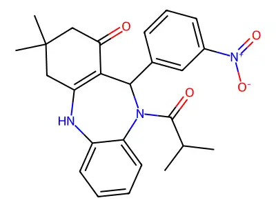 10-isobutyryl-3,3-dimethyl-11-(3-nitrophenyl)-2,3,4,5,10,11-hexahydro-1H-dibenzo[b,e][1,4]diazepin-1-one structure