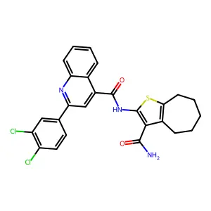 N-(3-carbamoyl-5,6,7,8-tetrahydro-4H-cyclohepta[b]thiophen-2-yl)-2-(3,4-dichlorophenyl)quinoline-4-carboxamide structure