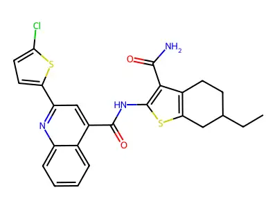N-(3-carbamoyl-6-ethyl-4,5,6,7-tetrahydro-1-benzothiophen-2-yl)-2-(5-chlorothiophen-2-yl)quinoline-4-carboxamide structure