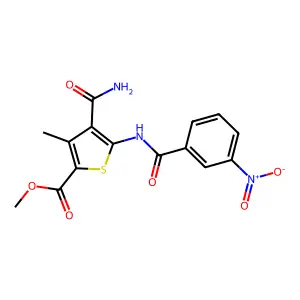 methyl 4-(aminocarbonyl)-5-({3-nitrobenzoyl}amino)-3-methyl-2-thiophenecarboxylate structure