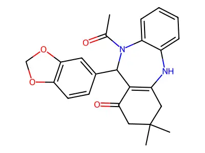 10-acetyl-11-(1,3-benzodioxol-5-yl)-3,3-dimethyl-2,3,4,5,10,11-hexahydro-1H-dibenzo[b,e][1,4]diazepin-1-one structure