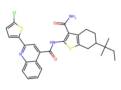N-[3-carbamoyl-6-(2-methylbutan-2-yl)-4,5,6,7-tetrahydro-1-benzothiophen-2-yl]-2-(5-chlorothiophen-2-yl)quinoline-4-carboxamide structure