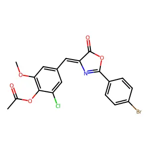 (Z)-4-((2-(4-bromophenyl)-5-oxooxazol-4(5H)-ylidene)methyl)-2-chloro-6-methoxyphenyl acetate structure