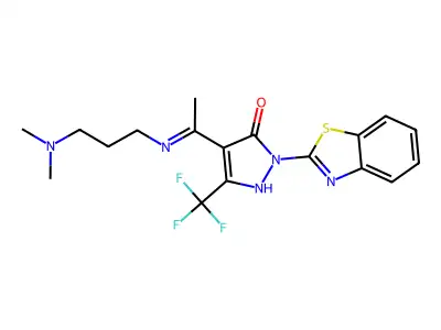 (4E)-2-(1,3-benzothiazol-2-yl)-4-[1-[3-(dimethylamino)propylamino]ethylidene]-5-(trifluoromethyl)pyrazol-3-one structure