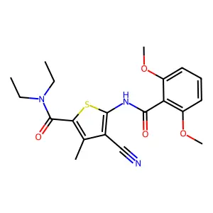 4-cyano-5-[(2,6-dimethoxybenzoyl)amino]-N,N-diethyl-3-methyl-2-thiophenecarboxamide structure