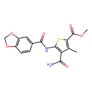 methyl 5-(1,3-benzodioxole-5-carbonylamino)-4-carbamoyl-3-methylthiophene-2-carboxylate structure