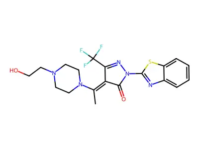 (4E)-2-(1,3-benzothiazol-2-yl)-4-[1-[4-(2-hydroxyethyl)piperazin-1-yl]ethylidene]-5-(trifluoromethyl)pyrazol-3-one structure