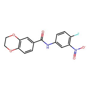 N-(4-fluoro-3-nitrophenyl)-2,3-dihydro-1,4-benzodioxine-6-carboxamide structure