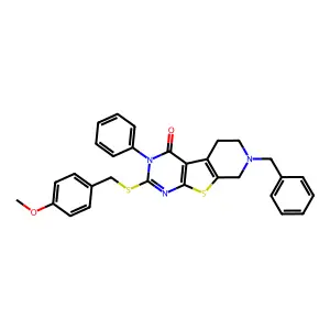 7-benzyl-2-[(4-methoxybenzyl)sulfanyl]-3-phenyl-5,6,7,8-tetrahydropyrido[4',3':4,5]thieno[2,3-d]pyrimidin-4(3H)-one structure