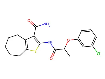 2-{[2-(3-chlorophenoxy)propanoyl]amino}-5,6,7,8-tetrahydro-4H-cyclohepta[b]thiophene-3-carboxamide structure