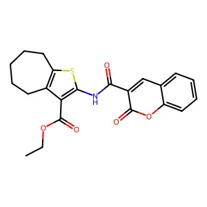 ethyl 2-[(2-oxochromene-3-carbonyl)amino]-5,6,7,8-tetrahydro-4H-cyclohepta[b]thiophene-3-carboxylate structure
