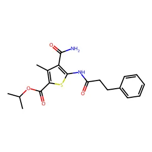 propan-2-yl 4-carbamoyl-3-methyl-5-(3-phenylpropanoylamino)thiophene-2-carboxylate structure