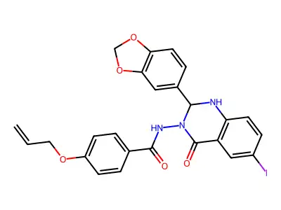 N-[2-(1,3-benzodioxol-5-yl)-6-iodo-4-oxo-1,2-dihydroquinazolin-3-yl]-4-prop-2-enoxybenzamide structure