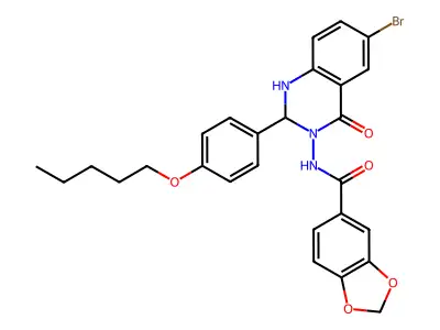 N-[6-bromo-4-oxo-2-(4-pentoxyphenyl)-1,2-dihydroquinazolin-3-yl]-1,3-benzodioxole-5-carboxamide structure