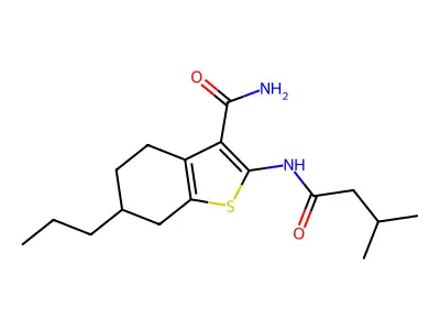 2-[(3-methylbutanoyl)amino]-6-propyl-4,5,6,7-tetrahydro-1-benzothiophene-3-carboxamide structure