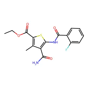 ethyl 4-(aminocarbonyl)-5-[(2-fluorobenzoyl)amino]-3-methyl-2-thiophenecarboxylate structure