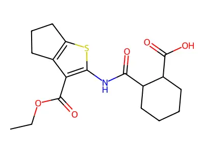 2-({[3-(ethoxycarbonyl)-5,6-dihydro-4H-cyclopenta[b]thien-2-yl]amino}carbonyl)cyclohexanecarboxylic acid structure