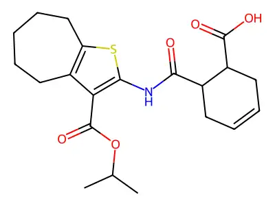 6-[(3-propan-2-yloxycarbonyl-5,6,7,8-tetrahydro-4H-cyclohepta[b]thiophen-2-yl)carbamoyl]cyclohex-3-ene-1-carboxylic acid structure