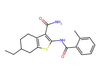 6-ethyl-2-[(2-methylbenzoyl)amino]-4,5,6,7-tetrahydro-1-benzothiophene-3-carboxamide structure