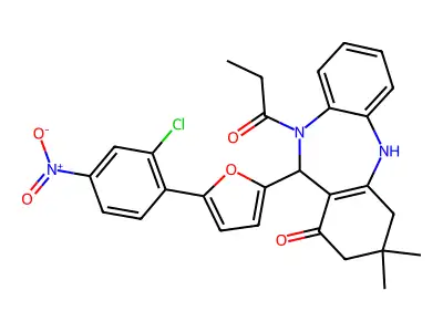 11-[5-(2-chloro-4-nitrophenyl)furan-2-yl]-3,3-dimethyl-10-propanoyl-2,3,4,5,10,11-hexahydro-1H-dibenzo[b,e][1,4]diazepin-1-one structure