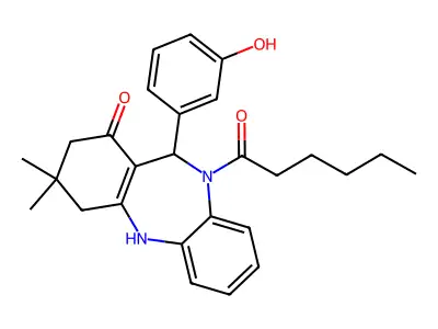 10-hexanoyl-11-(3-hydroxyphenyl)-3,3-dimethyl-2,3,4,5,10,11-hexahydro-1H-dibenzo[b,e][1,4]diazepin-1-one structure