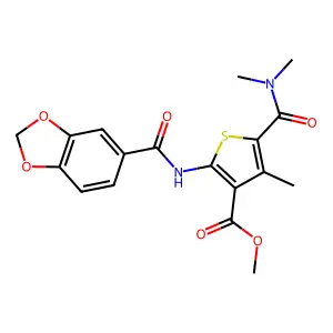 methyl 2-(1,3-benzodioxole-5-carbonylamino)-5-(dimethylcarbamoyl)-4-methylthiophene-3-carboxylate structure