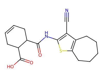6-[(3-cyano-5,6,7,8-tetrahydro-4H-cyclohepta[b]thiophen-2-yl)carbamoyl]cyclohex-3-ene-1-carboxylic acid structure