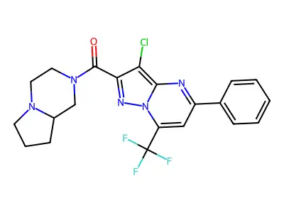 3-chloro-2-(hexahydropyrrolo[1,2-a]pyrazin-2(1H)-ylcarbonyl)-5-phenyl-7-(trifluoromethyl)pyrazolo[1,5-a]pyrimidine structure