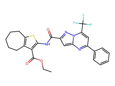 ethyl 2-({[5-phenyl-7-(trifluoromethyl)pyrazolo[1,5-a]pyrimidin-2-yl]carbonyl}amino)-5,6,7,8-tetrahydro-4H-cyclohepta[b]thiophene-3-carboxylate structure