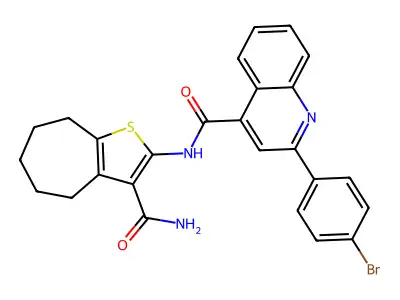 2-(4-bromophenyl)-N-(3-carbamoyl-5,6,7,8-tetrahydro-4H-cyclohepta[b]thiophen-2-yl)quinoline-4-carboxamide structure