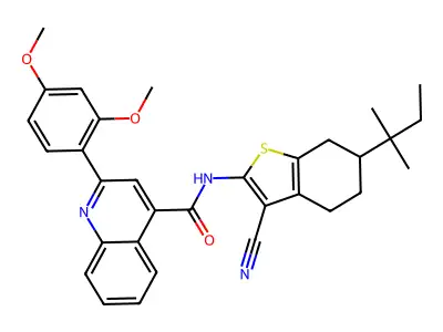 N-(3-cyano-6-tert-pentyl-4,5,6,7-tetrahydro-1-benzothien-2-yl)-2-(2,4-dimethoxyphenyl)-4-quinolinecarboxamide structure