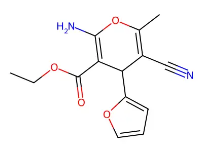 ethyl 2-amino-5-cyano-4-(2-furyl)-6-methyl-4H-pyran-3-carboxylate structure