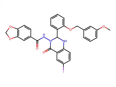 N-[6-iodo-2-[2-[(3-methoxyphenyl)methoxy]phenyl]-4-oxo-1,2-dihydroquinazolin-3-yl]-1,3-benzodioxole-5-carboxamide structure