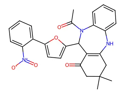 5-acetyl-9,9-dimethyl-6-[5-(2-nitrophenyl)furan-2-yl]-6,8,10,11-tetrahydrobenzo[b][1,4]benzodiazepin-7-one structure