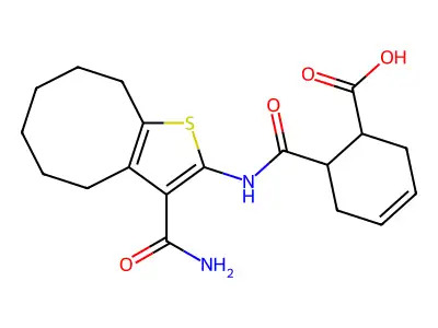 6-[(3-carbamoyl-4,5,6,7,8,9-hexahydrocycloocta[b]thiophen-2-yl)carbamoyl]cyclohex-3-ene-1-carboxylic acid structure