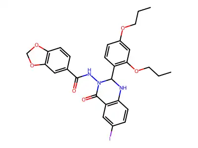 N-[2-(2,4-dipropoxyphenyl)-6-iodo-4-oxo-1,2-dihydroquinazolin-3-yl]-1,3-benzodioxole-5-carboxamide structure
