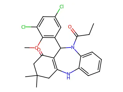 6-(3,5-dichloro-2-methoxyphenyl)-9,9-dimethyl-5-propanoyl-6,8,10,11-tetrahydrobenzo[b][1,4]benzodiazepin-7-one structure