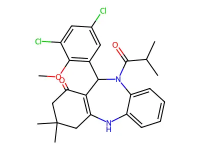 11-(3,5-dichloro-2-methoxyphenyl)-10-isobutyryl-3,3-dimethyl-2,3,4,5,10,11-hexahydro-1H-dibenzo[b,e][1,4]diazepin-1-one structure